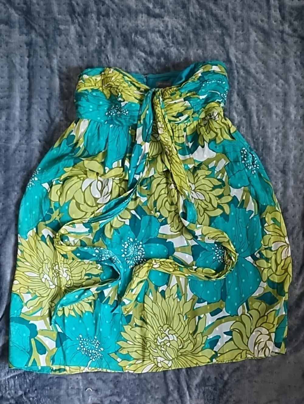 Ann Taylor Silk Teal Lime Floral Strapless Halter Mini Dress Womens Size 2